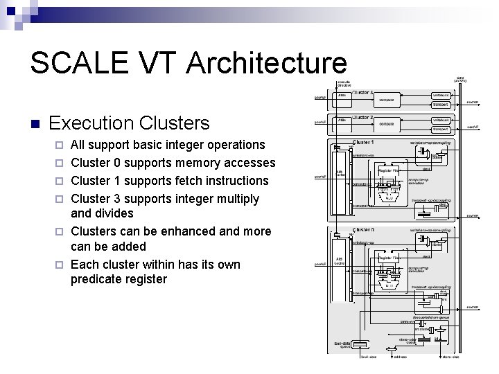 SCALE VT Architecture n Execution Clusters ¨ ¨ ¨ All support basic integer operations
