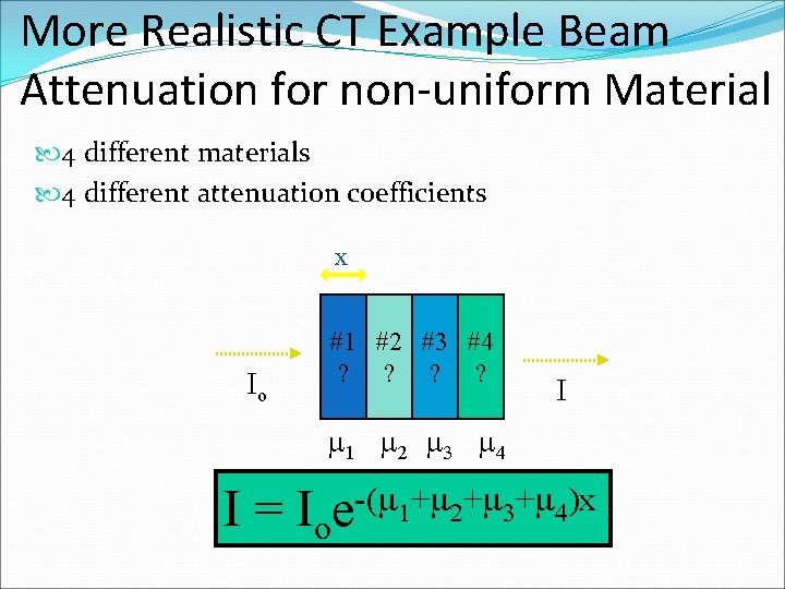 More Realistic CT Example Beam Attenuation for non-uniform Material 4 different materials 4 different
