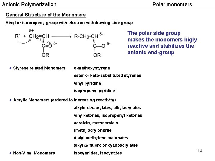 Anionic Polymerization Polar monomers General Structure of the Monomers Vinyl or isopropeny group with