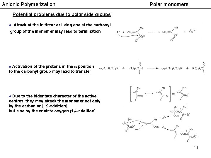 Anionic Polymerization Polar monomers Potential problems due to polar side groups ● Attack of