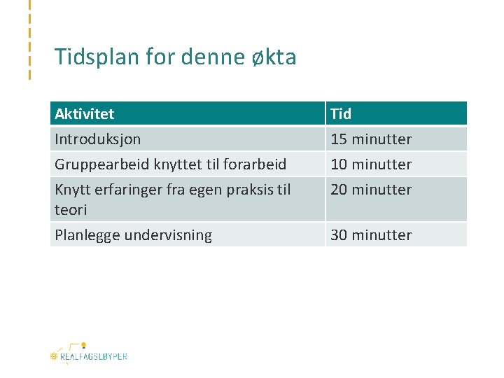 Tidsplan for denne økta Aktivitet Introduksjon Gruppearbeid knyttet til forarbeid Knytt erfaringer fra egen