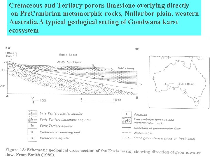 Cretaceous and Tertiary porous limestone overlying directly on Pre. Cambrian metamorphic rocks, Nullarbor plain,