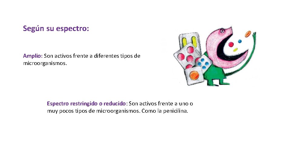 Según su espectro: Amplio: Son activos frente a diferentes tipos de microorganismos. Espectro restringido