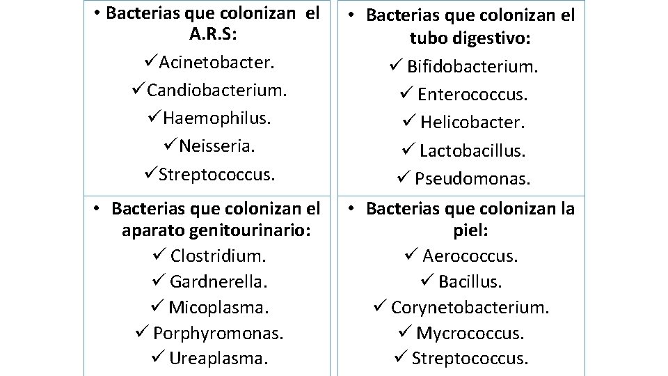  • Bacterias que colonizan el A. R. S: üAcinetobacter. üCandiobacterium. üHaemophilus. üNeisseria. üStreptococcus.