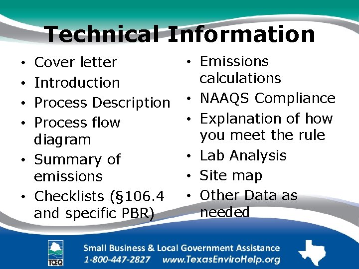 Technical Information Cover letter Introduction Process Description Process flow diagram • Summary of emissions
