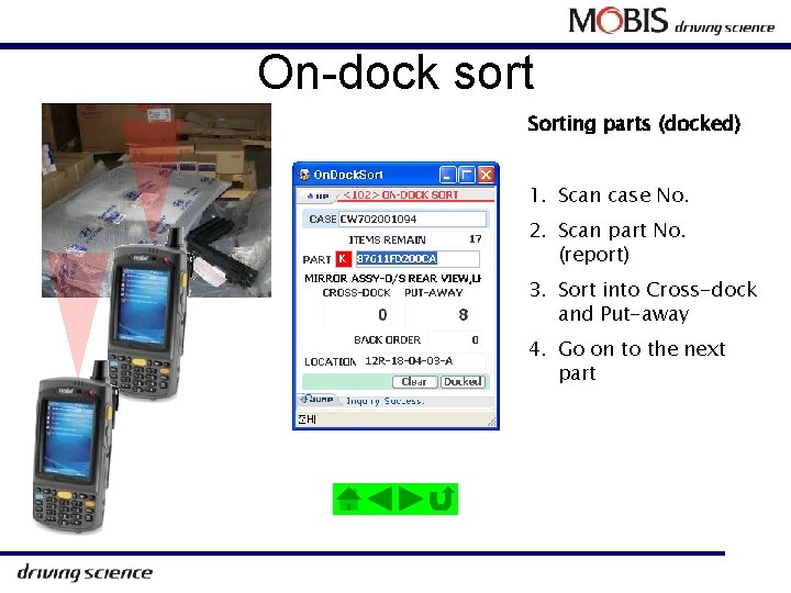 On-dock sort Sorting parts (docked) 1. Scan case No. 2. Scan part No. (report)