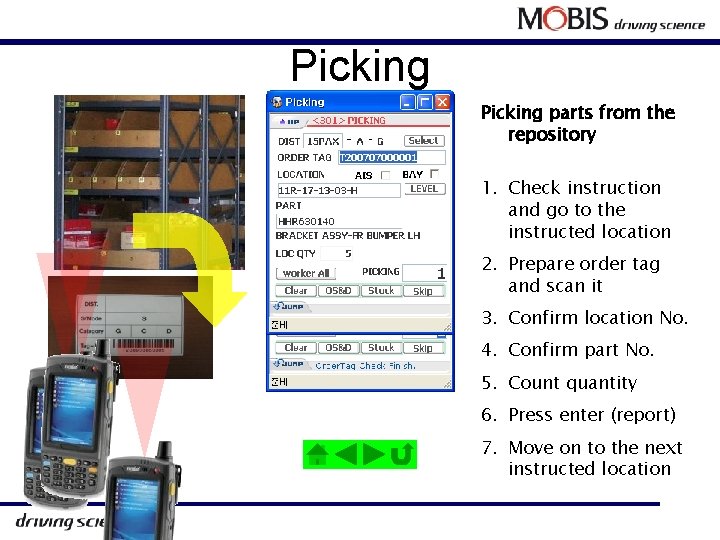 Picking parts from the repository 1. Check instruction and go to the instructed location