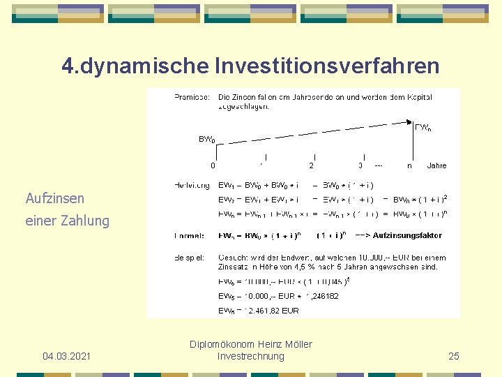 4. dynamische Investitionsverfahren Aufzinsen einer Zahlung 04. 03. 2021 Diplomökonom Heinz Möller Investrechnung 25