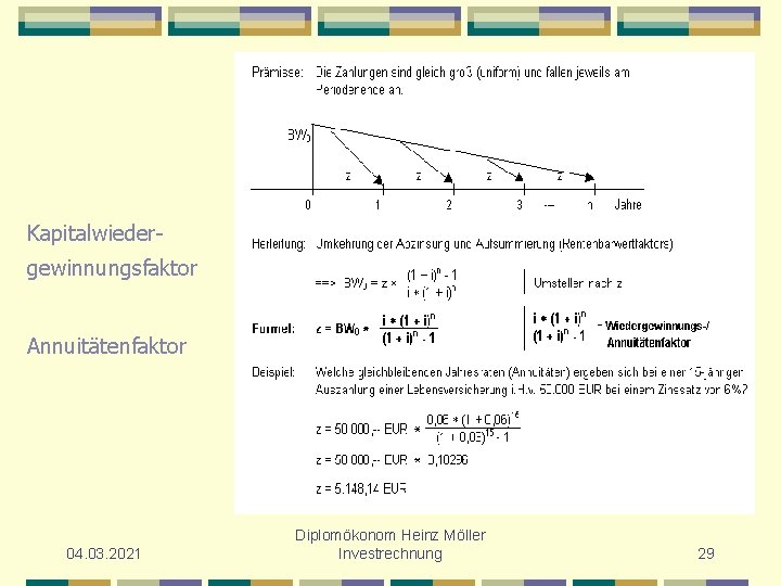 Kapitalwiedergewinnungsfaktor Annuitätenfaktor 04. 03. 2021 Diplomökonom Heinz Möller Investrechnung 29 