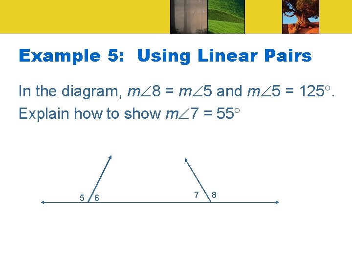 Example 5: Using Linear Pairs In the diagram, m 8 = m 5 and