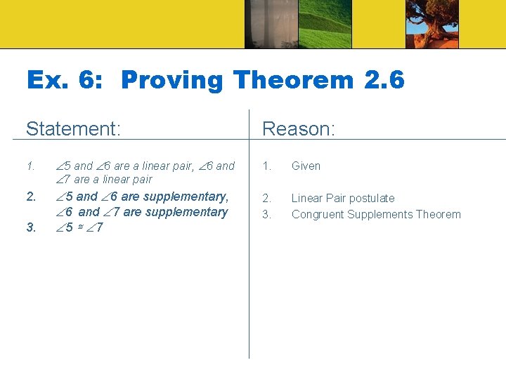 Ex. 6: Proving Theorem 2. 6 Statement: Reason: 1. 5 and 6 are a