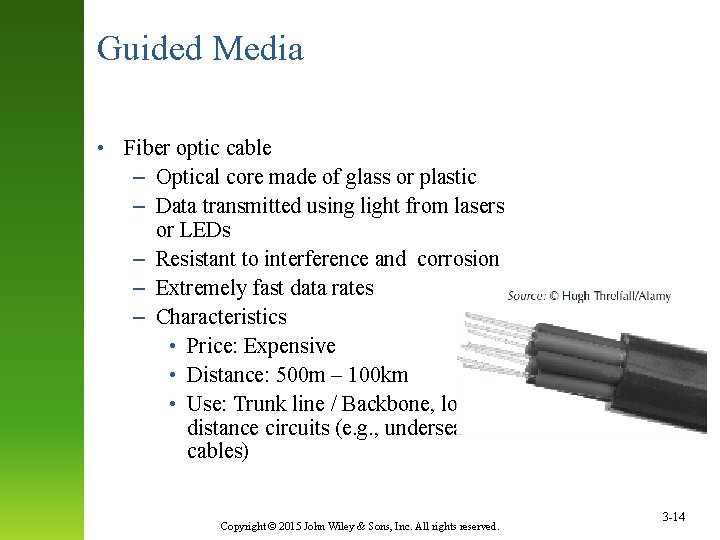 Guided Media • Fiber optic cable – Optical core made of glass or plastic Guided Media • Fiber optic cable – Optical core made of glass or plastic