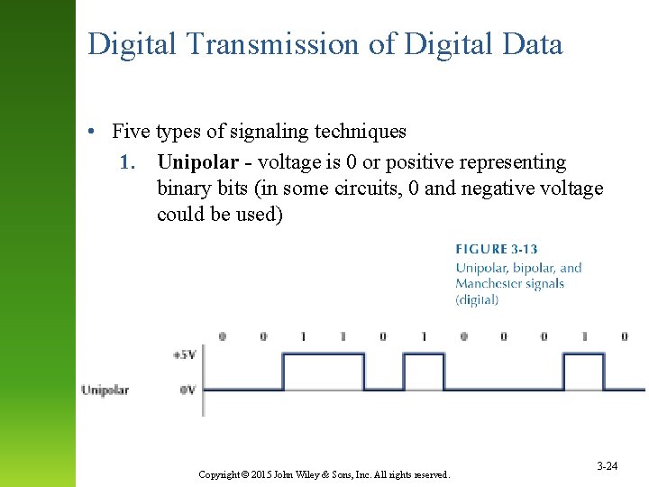 Digital Transmission of Digital Data • Five types of signaling techniques 1. Unipolar -