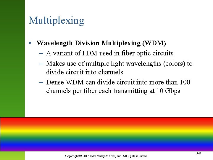 Multiplexing • Wavelength Division Multiplexing (WDM) – A variant of FDM used in fiber