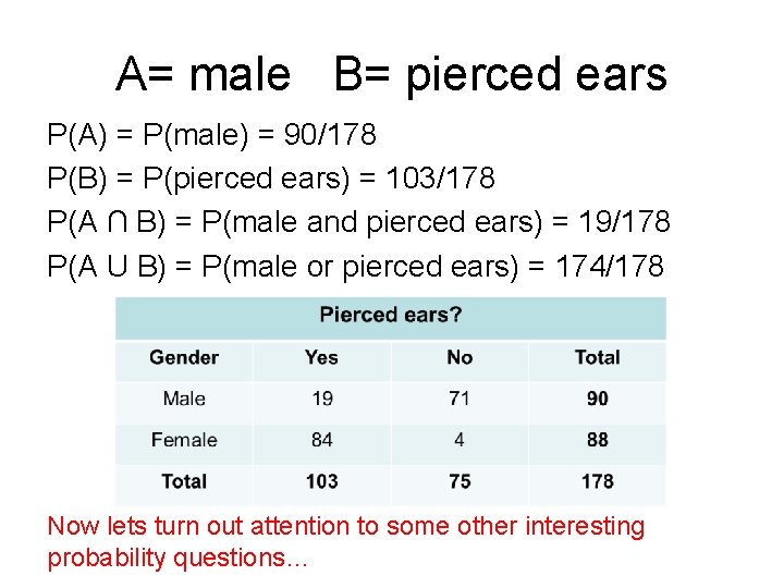 A= male B= pierced ears P(A) = P(male) = 90/178 P(B) = P(pierced ears)