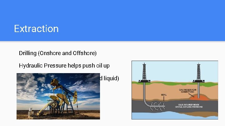 Extraction Drilling (Onshore and Offshore) Hydraulic Pressure helps push oil up Hydraulic Fracturing (Pressurized