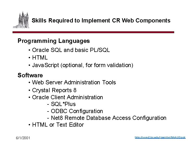 Skills Required to Implement CR Web Components Programming Languages • Oracle SQL and basic