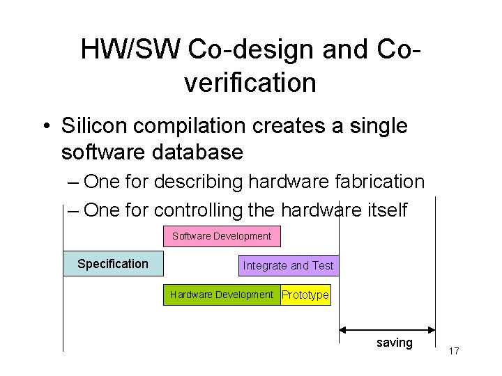 HW/SW Co-design and Coverification • Silicon compilation creates a single software database – One