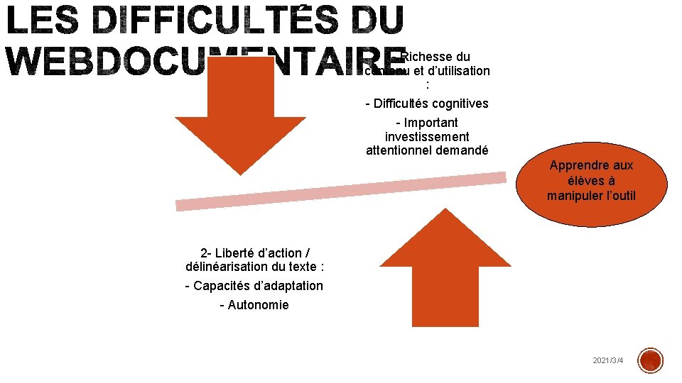 1 - Richesse du contenu et d’utilisation : - Difficultés cognitives - Important investissement