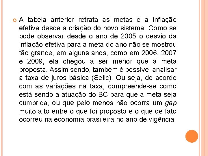  A tabela anterior retrata as metas e a inflação efetiva desde a criação