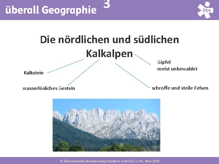 3 4 Die nördlichen und südlichen Kalkalpen Gipfel meist unbewaldet Kalkstein wasserlösliches Gestein schroffe