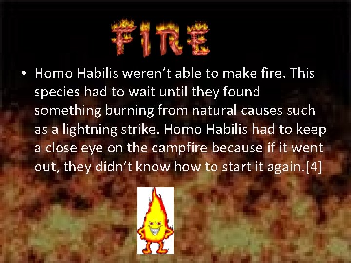  • Homo Habilis weren’t able to make fire. This species had to wait