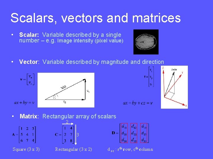 Scalars, vectors and matrices • Scalar: Variable described by a single number – e.
