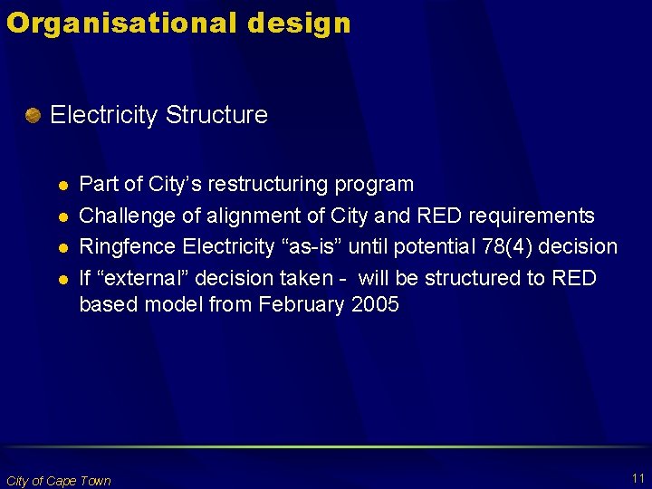 Organisational design Electricity Structure l l Part of City’s restructuring program Challenge of alignment