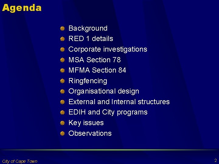 Agenda Background RED 1 details Corporate investigations MSA Section 78 MFMA Section 84 Ringfencing