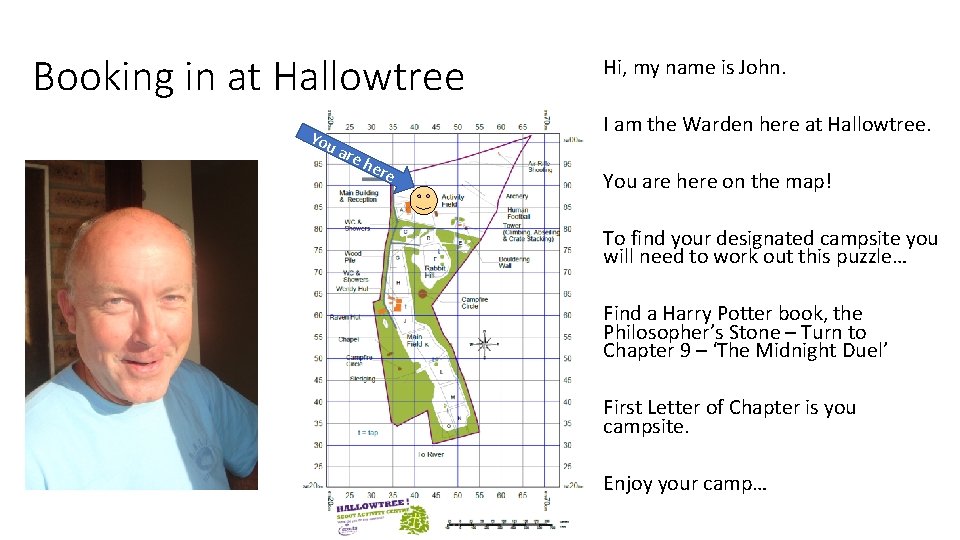 Booking in at Hallowtree You Hi, my name is John. are I am the
