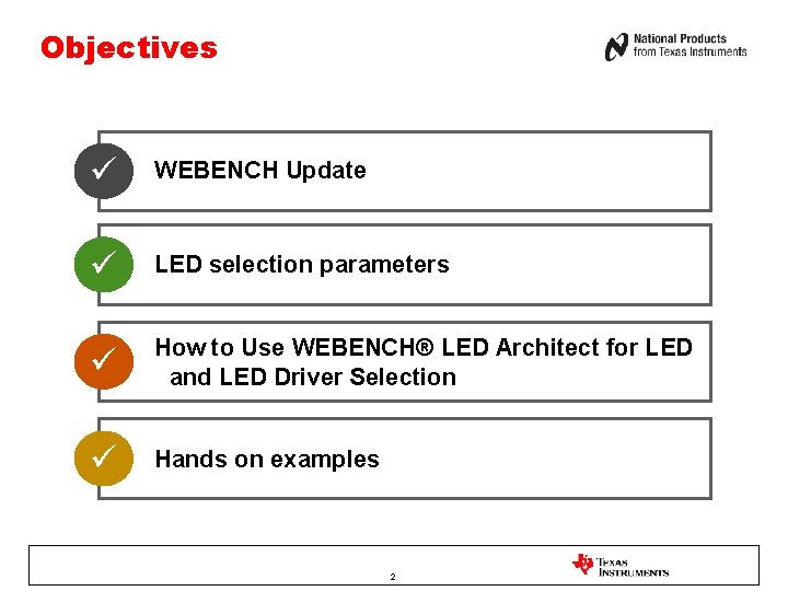 Objectives WEBENCH Update LED selection parameters How to Use WEBENCH® LED Architect for LED