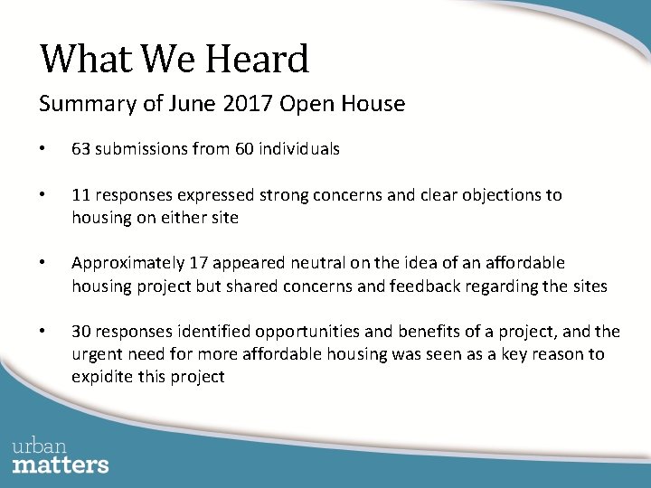 What We Heard Summary of June 2017 Open House • 63 submissions from 60