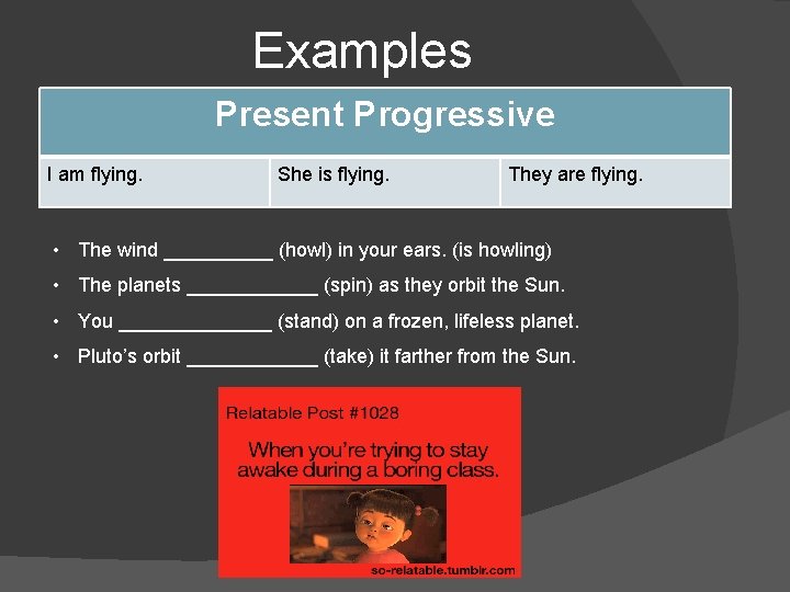 Examples Present Progressive I am flying. She is flying. They are flying. • The