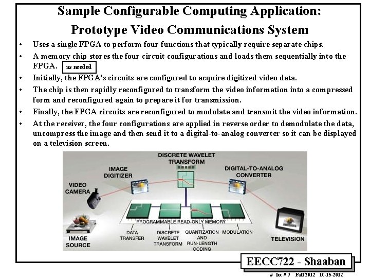 Sample Configurable Computing Application: Prototype Video Communications System • • • Uses a single