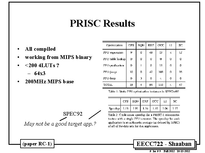 PRISC Results • All compiled • working from MIPS binary • <200 4 LUTs