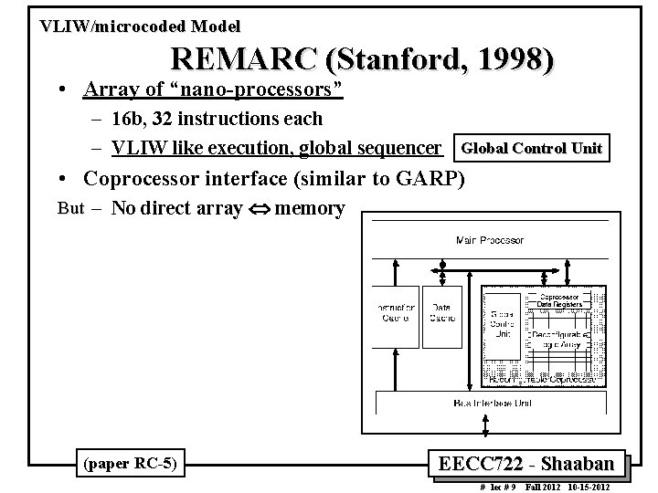 VLIW/microcoded Model REMARC (Stanford, 1998) • Array of “nano-processors” – 16 b, 32 instructions