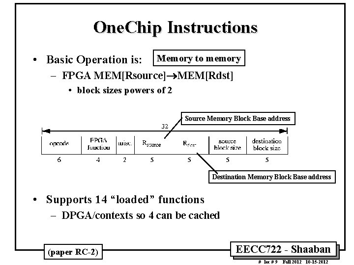 One. Chip Instructions • Basic Operation is: Memory to memory – FPGA MEM[Rsource] MEM[Rdst]