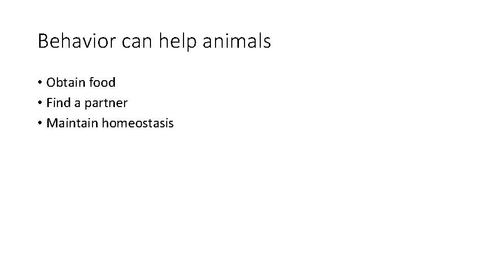 Behavior can help animals • Obtain food • Find a partner • Maintain homeostasis