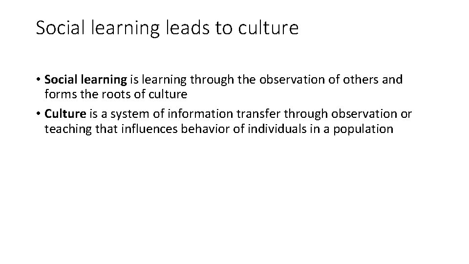 Social learning leads to culture • Social learning is learning through the observation of