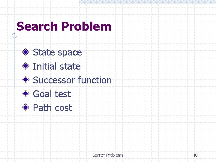 Search Problem State space Initial state Successor function Goal test Path cost Search Problems