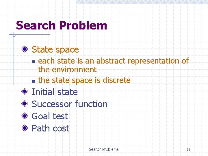 Search Problem State space n n each state is an abstract representation of the