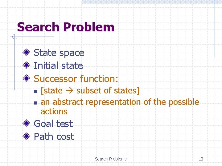 Search Problem State space Initial state Successor function: n n [state subset of states]