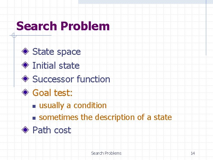 Search Problem State space Initial state Successor function Goal test: n n usually a