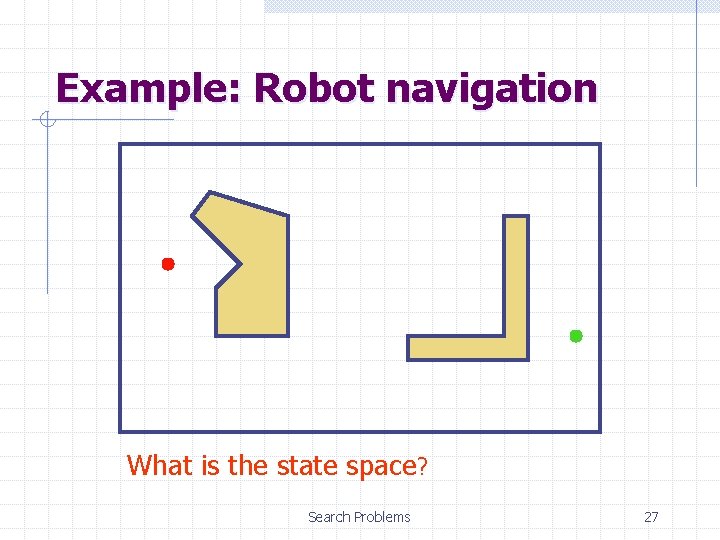 Example: Robot navigation What is the state space? Search Problems 27 