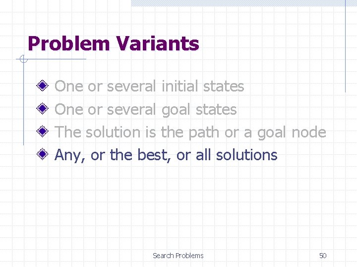 Problem Variants One or several initial states One or several goal states The solution