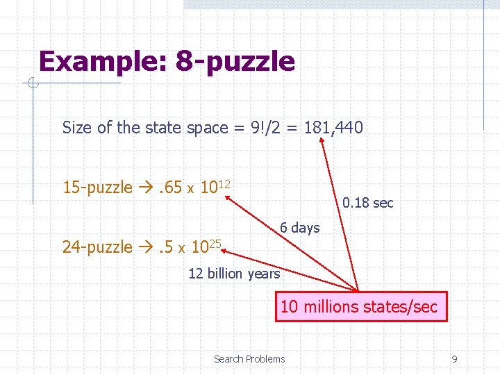 Example: 8 -puzzle Size of the state space = 9!/2 = 181, 440 15