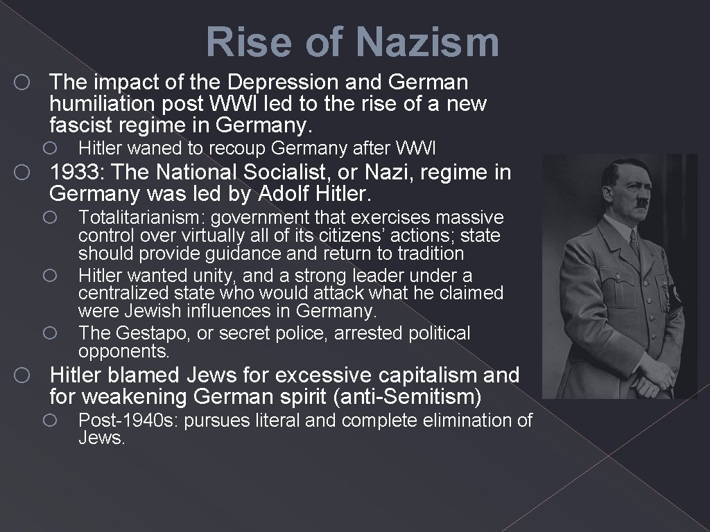 o o Rise of Nazism The impact of the Depression and German humiliation post