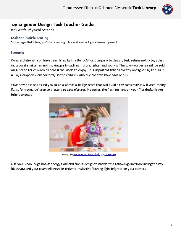 Tennessee District Science Network Task Library Toy Engineer Design Task Teacher Guide 3 rd