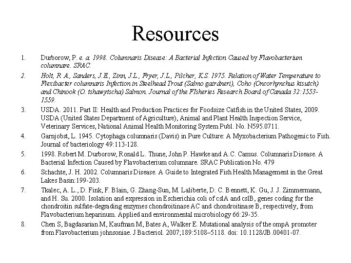 Resources 1. 2. 3. 4. 5. 6. 7. 8. Durborow, P. e. a. 1998.