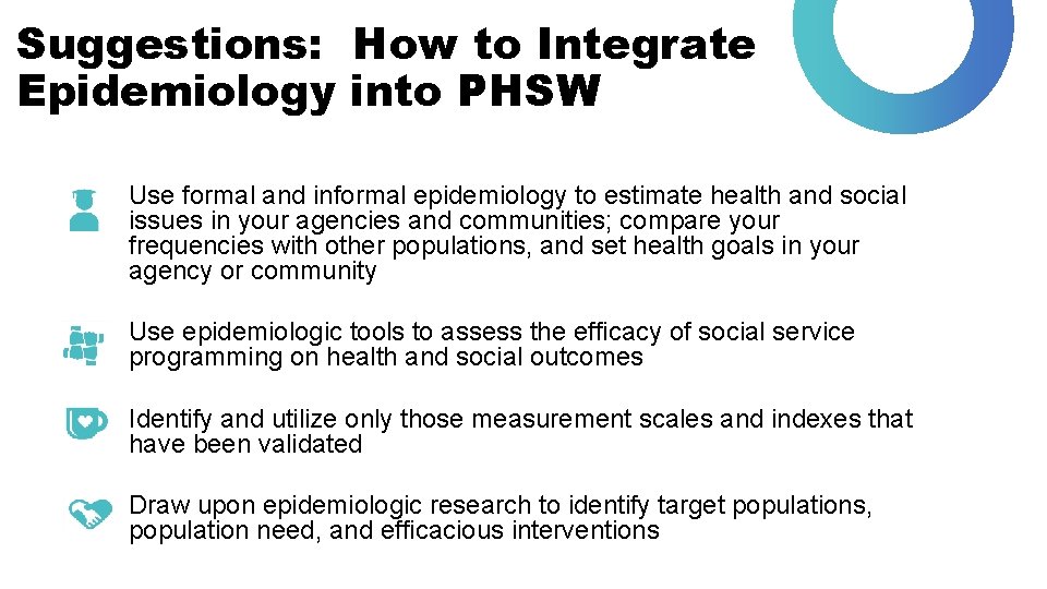 Suggestions: How to Integrate Epidemiology into PHSW Use formal and informal epidemiology to estimate